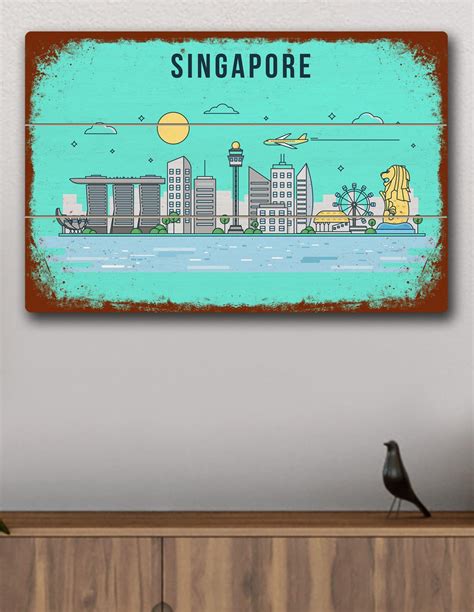 VINOXO Vintage Framed Wall Art Decor Plaque - Singapore Skyline Poster