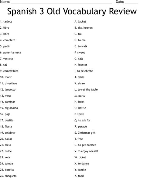 Spanish 3 Old Vocabulary Review Worksheet - WordMint