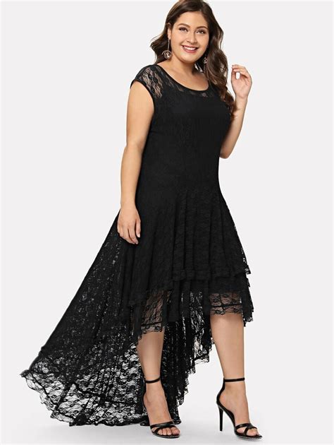 SHEIN Vestido de encaje asimétrico | Lace dress black, Ruffle summer dress, Floral lace dress