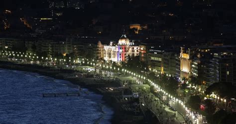 NICE, FRANCE - SEPTEMBER 25, 2014 Night Aerial View Negresco Hotel French Old Town Nice Skyline ...