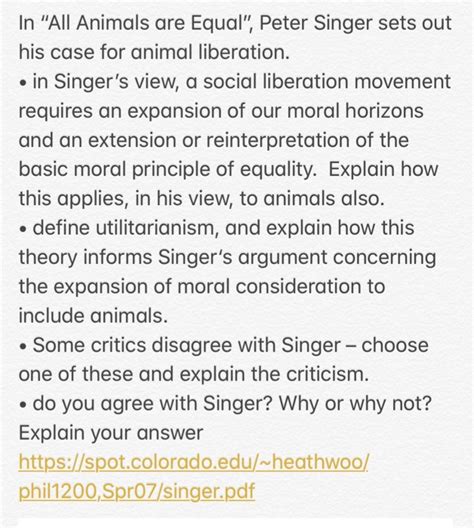 Solved In "All Animals are Equal" Peter Singer sets out his | Chegg.com