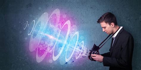 Photographer Making Photos with Powerful Light Beam Stock Illustration - Illustration of ...