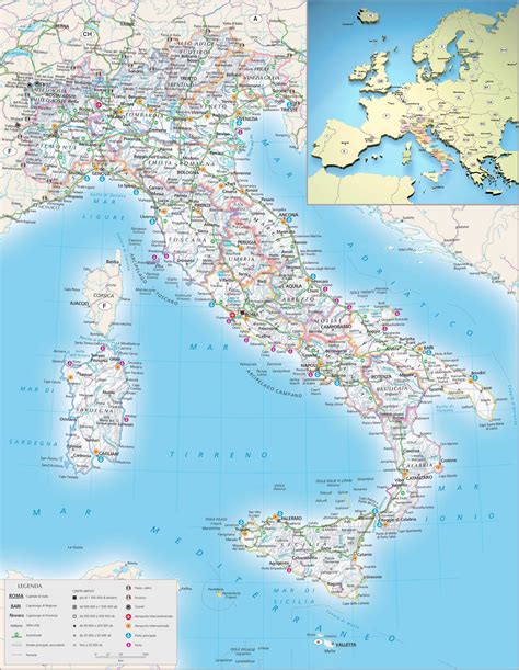 Large detailed relief, political and administrative map of Italy with all cities, roads and ...