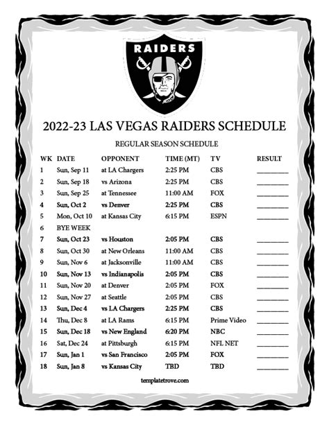 Printable 2022-2023 Las Vegas Raiders Schedule