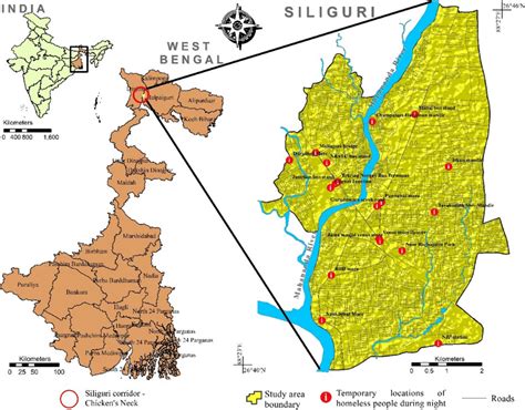 Location map of the Siliguri city in reference to West Bengal state and ...