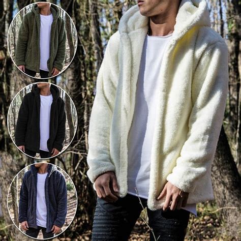 Buy Autumn Solid Color Sweater Coat Men's Hooded Fleece Jacket Long Sleeve Warm Plush Cardigan ...