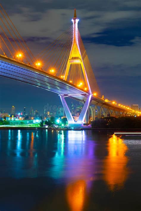 Bhumibol Bridge at Night in Bangkok Thailand Stock Image - Image of downtown, architecture ...