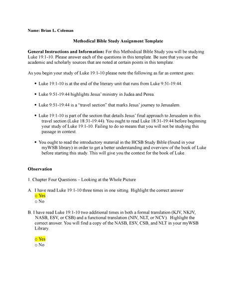 BIBL 360 - Week Six - Luke 19 Methodical Bible Study - Name: Brian L ...