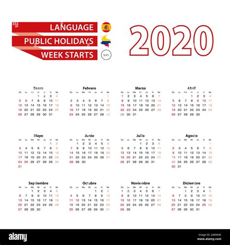 Calendario 2020 en idioma español con los días festivos en el país de Colombia en el año 2020 ...