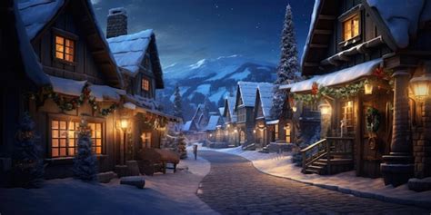 Premium AI Image | a snowy village at night with christmas lights