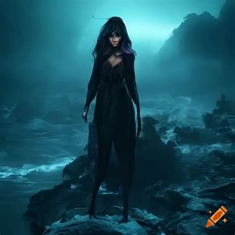 Cyberpunk witch overlooking stormy ocean