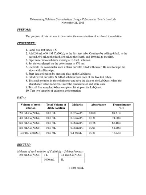 beers law - lab report example | Molar Concentration | Concentration