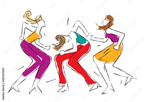 Three dancing girls, wild crazy dance party, line art cartoon ...