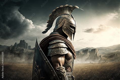 Landscape with spartan warrior in armor, battlefield in background ...