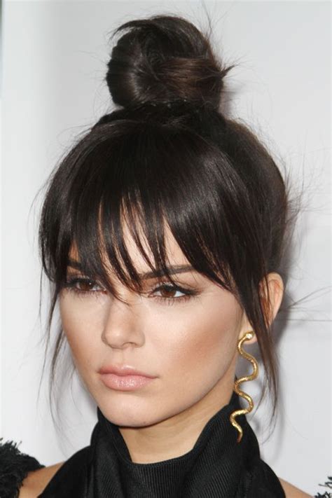 Kendall Jenner Straight Dark Brown Bun, Choppy Bangs Hairstyle (With images) | Long hair with ...