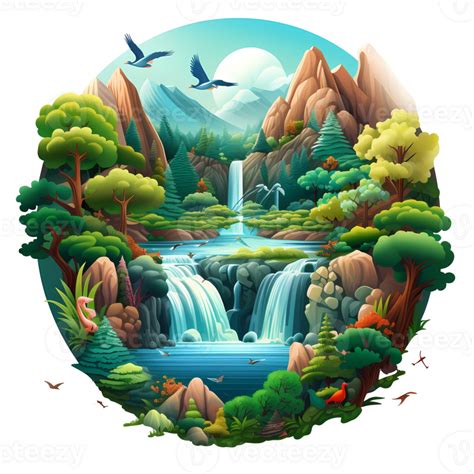 Ai generated cartoon forest scene with a waterfall and trees 28670019 PNG