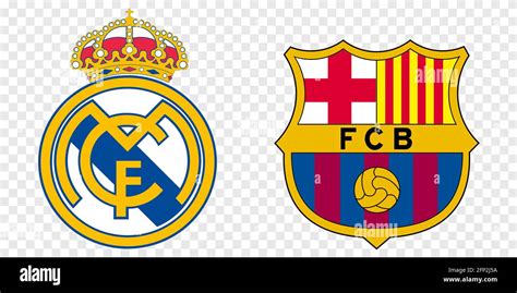 Vinnytsia, Ukraine - May 19, 2021: Logos of two best spanish football clubs: FC Barcelona and ...