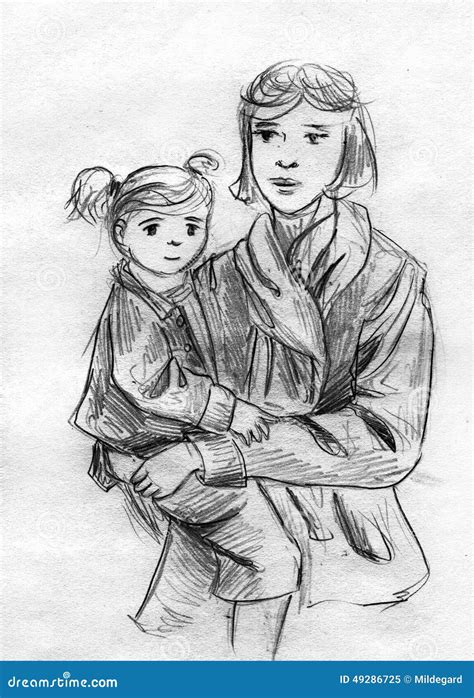 Mother and Daughter Pencil Sketch Stock Illustration - Illustration of women, young: 49286725