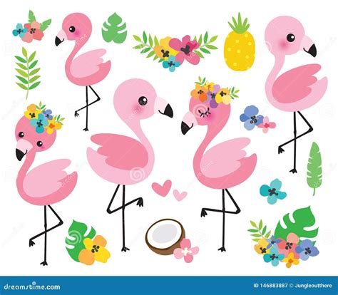 Cute Baby Flamingos and Tropical Flowers Vector Illustration Stock Vector - Illustration of ...