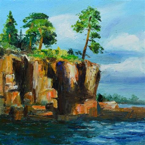 a painting of an island with trees on top of it and water below the cliff