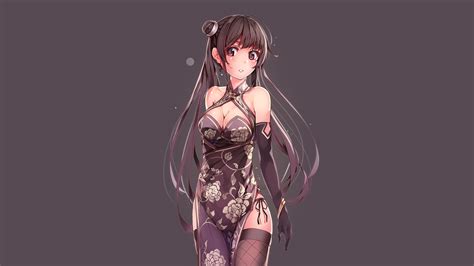 fishnets, brunette, gloves, cleavage, original characters, dress, long hair, Chinese dress ...