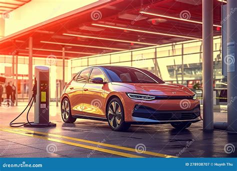 Small Electric Car MiniEV Charging at a Station in the City or Countryside Stock Illustration ...