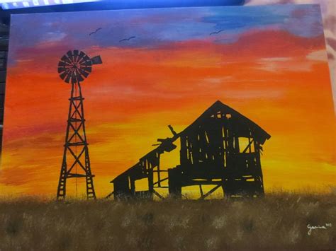 old barn & windmill silhouette -2013 | Barn painting, Sunset painting ...