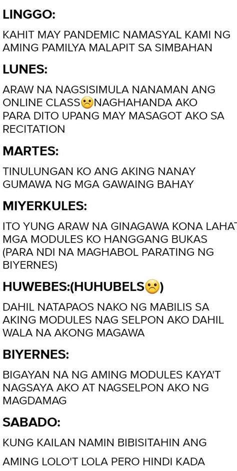 Mag bigay ng halimbawa ng talaarawan ng mga pangyayari sa mga araw - Brainly.ph