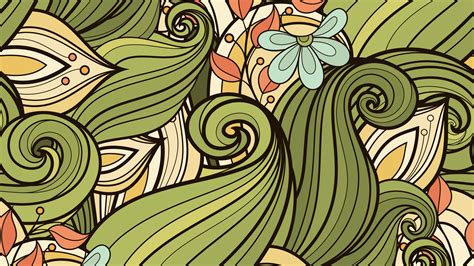 doodles, patterns, flowers, leaves, green, 4k HD Wallpaper