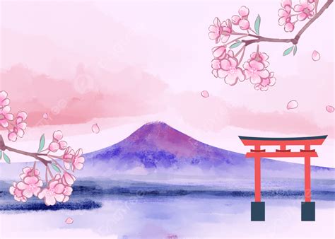 Japans Mount Fuji Cherry Blossom Pink Watercolor Torii Background ...