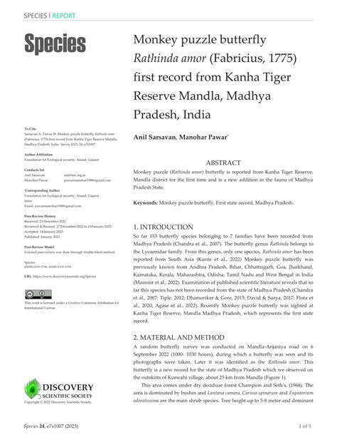 (PDF) Monkey puzzle butterfly Rathinda amor (Fabricius, 1775) first record from Kanha Tiger ...