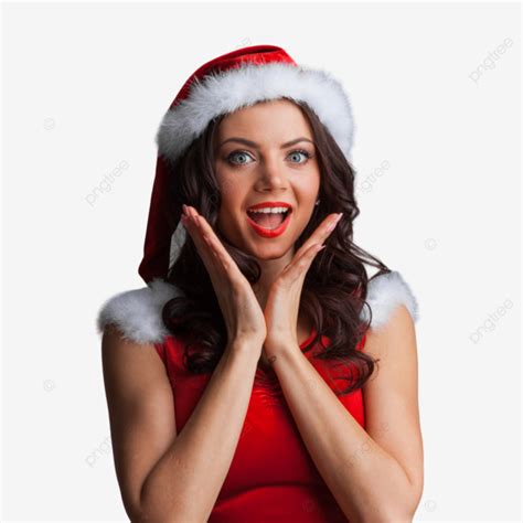 Surprised Santa Girl Happy Christmas Model, Young, Hand, Hat PNG Transparent Image and Clipart ...