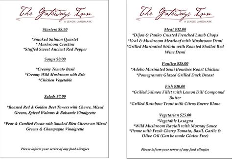 BerkshireMenus.com - The Gateways Inn & Restaurant