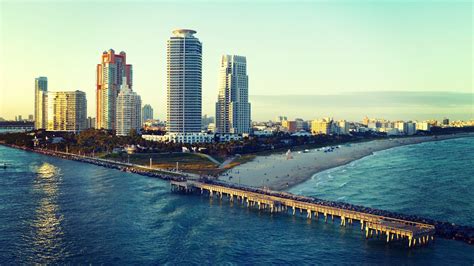 skyline, near, city, Miami, 1080P, beach, Ocean, Florida, Miami Beach HD Wallpaper