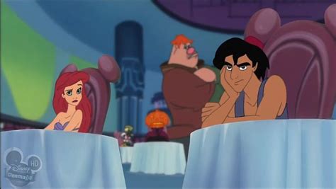 the little mermaid and prince are sitting at a table with their hands on their chins