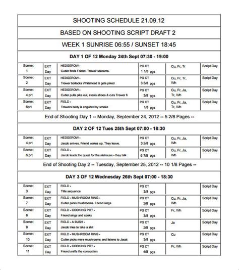 Film Shooting Schedule Template