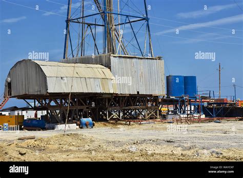 Caspian beach / Azerbaijan - 13 Jul 2013: The oil rig in Azerbaijan ...