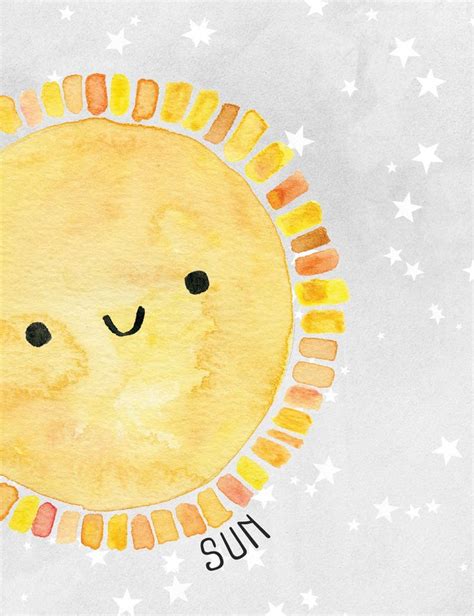 a watercolor drawing of the sun with stars around it