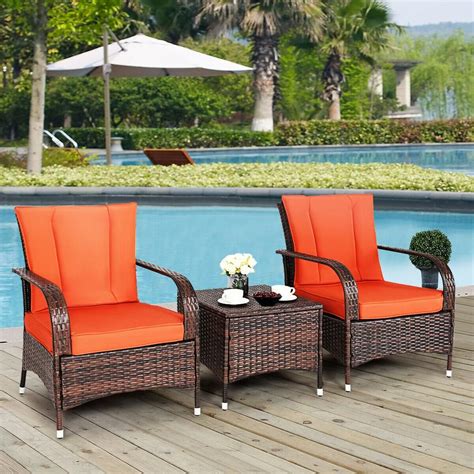 Costway Mix Brown 3-Piece Rattan Wicker Outdoor Furniture Patio Conversation Set with Red ...
