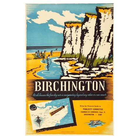 Original Vintage Travel Poster Birchington Kent Beach Sea Wall England Design For Sale at 1stDibs