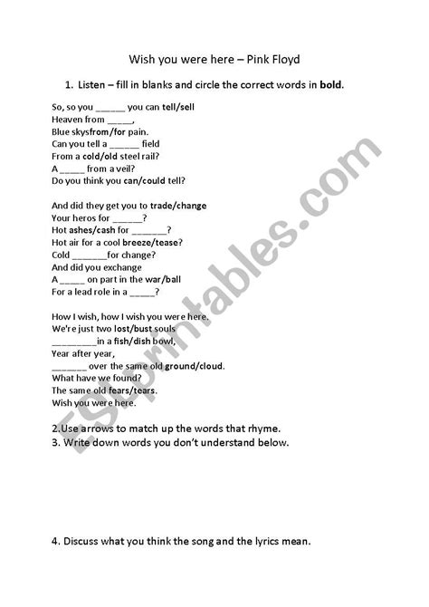 Pink Floyd - Wish You Were Here lyrics exercise - ESL worksheet by annblake