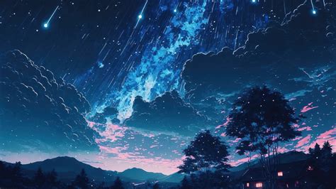 Starry Night Sky Clouds Anime Art 4K #90j Wallpaper iPhone Phone