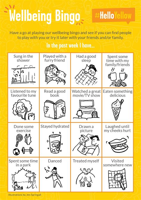 #HelloYellow Wellbeing Bingo | Wellbeing activities, Children's mental health week, Health and ...