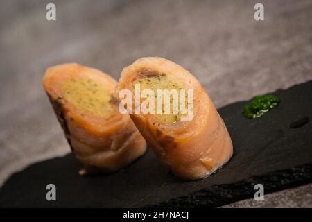 Salmon and smoked salmon ballotine recipe, watercress mash Stock Photo - Alamy