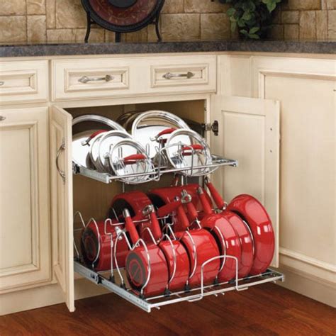 A two-tier cookware organizer constructed from durable metal with chrome plating for storing ...