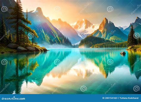 Mountain Sunrise Over the Lake Generative AI Stock Illustration ...