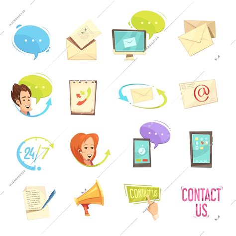 Contact us retro cartoon icons set with call center email feedback ...