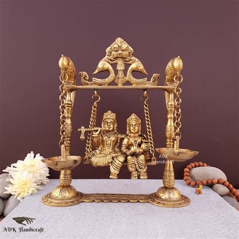 Brass Radha Krishna Statue on Swing With Diyas 9 Inch - Etsy