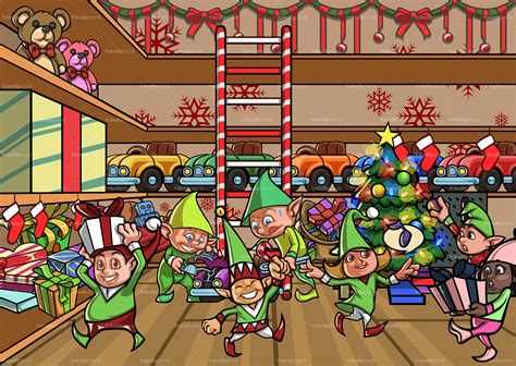 Elves Making Toys At Santa's Workshop Cartoon Scene - FriendlyStock