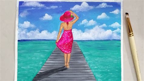 Beautiful Girl walking on the Sea Beach painting | Lady in Hat Painting ...